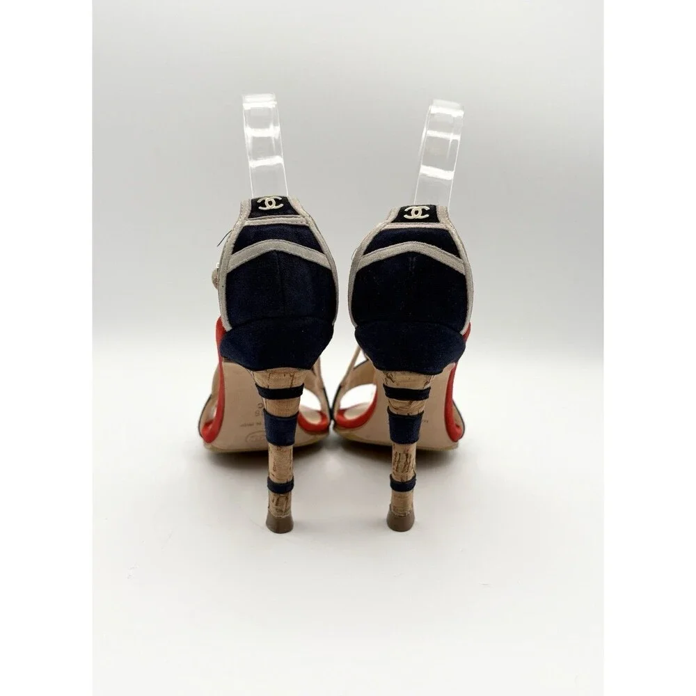 Chanel Navy & Red Suede & Cork Striped Sandals CC Logo Heel Nautical Size EU 36